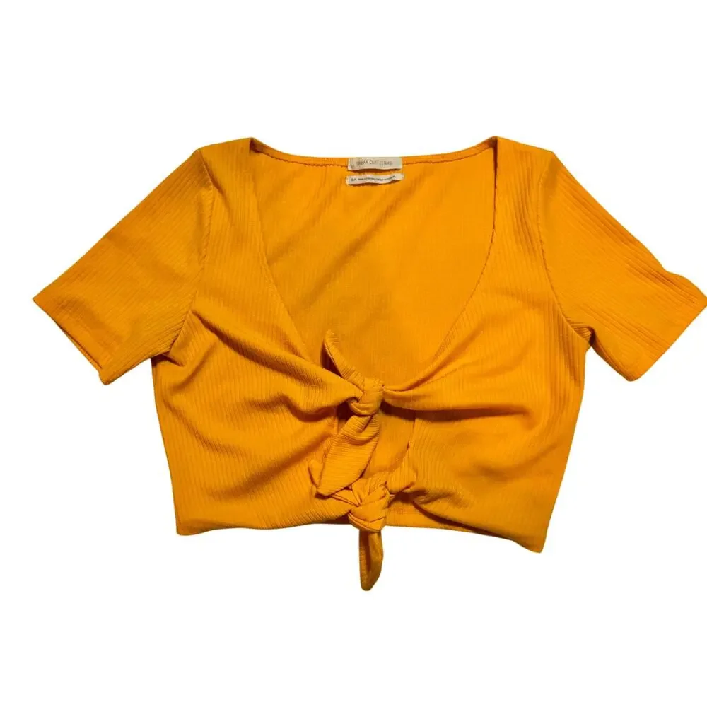 Urban Outfitters Mustard Yellow Ribbed Tie-Front Crop Top Women's Small Festival - Picture 3 of 14